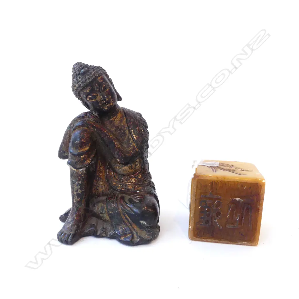METAL BUDDHA H.130mm + CARVED STONE CUBE 50mm Image 1++