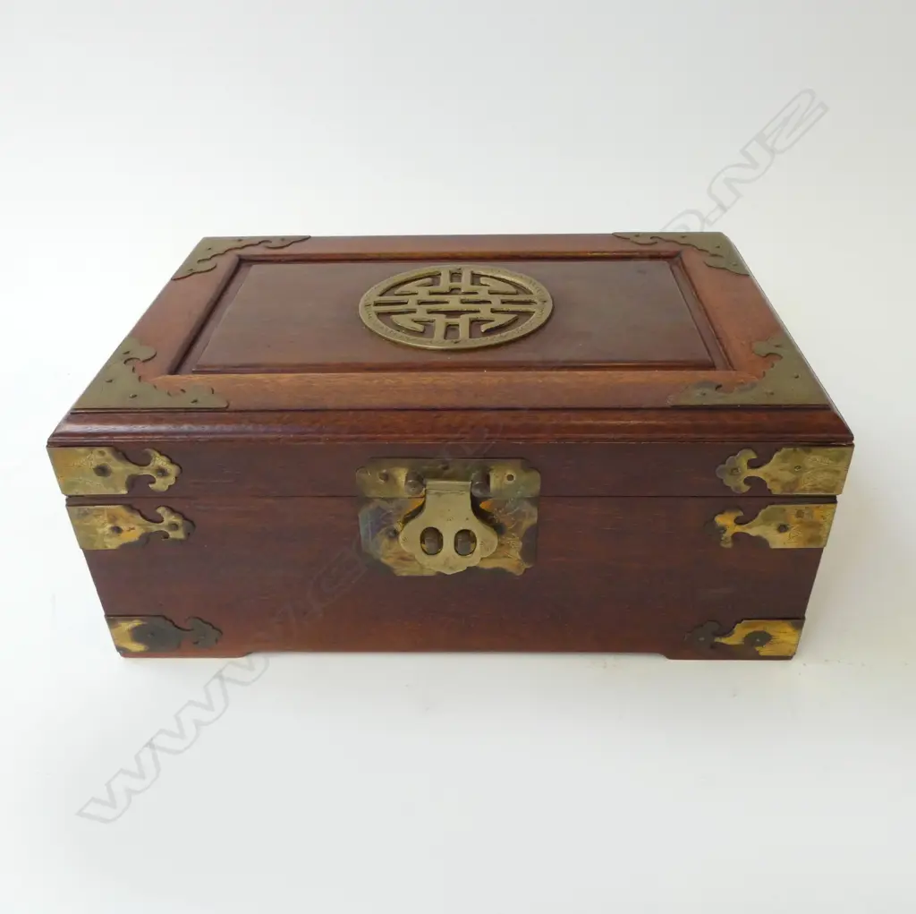 MAHOGANY & BRASS  CHINESE LIDDED JEWLERY BOX L300 DEPTH 200 H130MM Image 1++