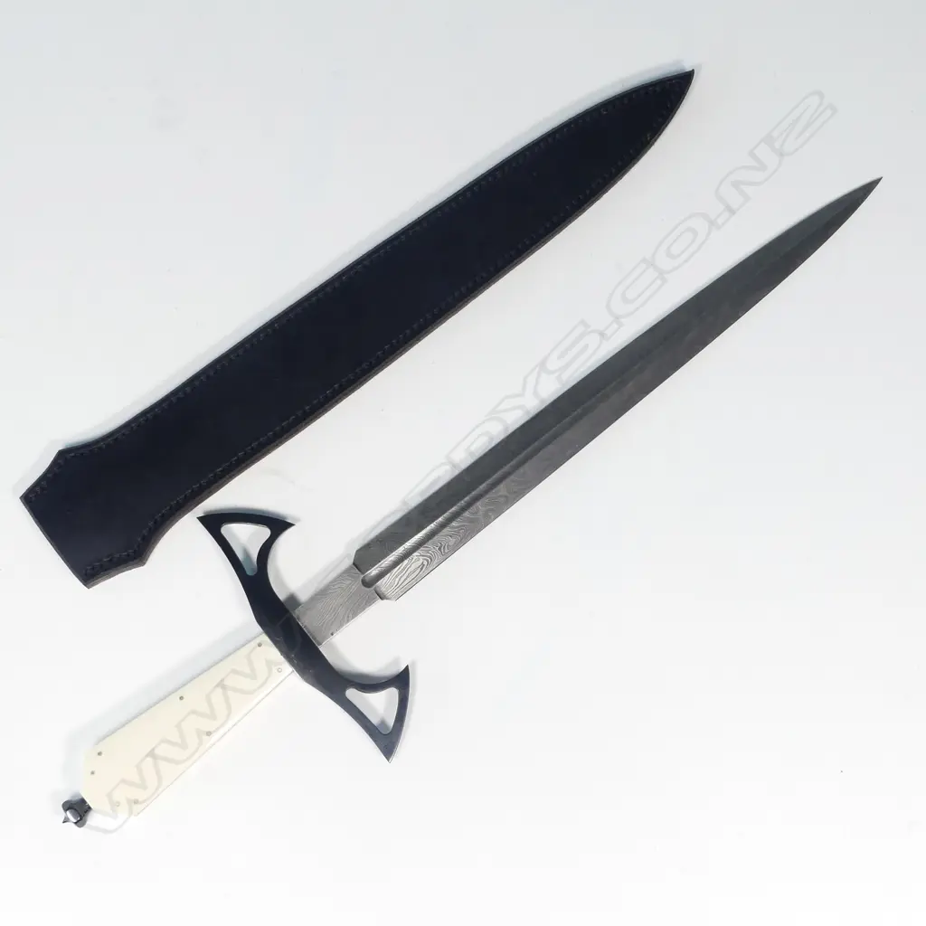 MODERN FISHTAIL GOTHIC DAGGER, DAMASCUS STEEL BLADE, BLUED STEEL GUARD, IVORY GRIPS. MARKED 'DARK WATER KNIVES' L.480mm Image 1++