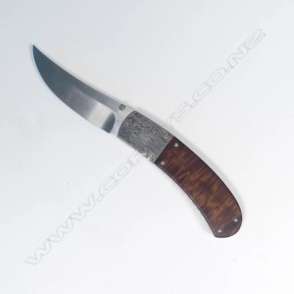CUSTOM NORMAN E.SANDOW FOLDING KNIFE. WOOD HANDLE w DAMASCUS STEEL BOLSTER. L135mm (open) Image 1++