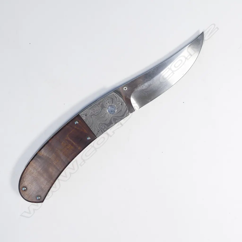 CUSTOM NORMAN E.SANDOW FOLDING KNIFE. WOOD HANDLE w DAMASCUS STEEL BOLSTER. L135mm (open) Image 1++