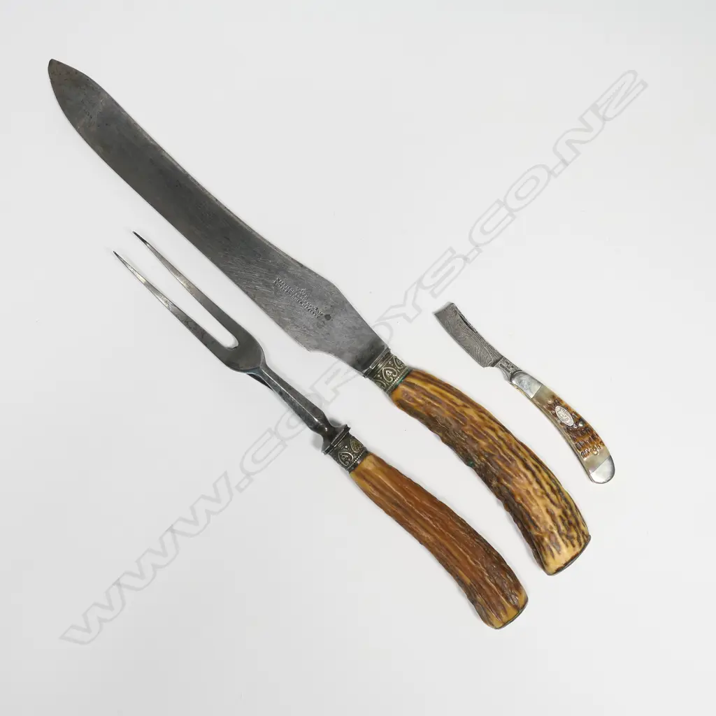 VINTAGE HARRISON BROS DEER ANTLER CARVING SET & DAMASCUS STEEL BLADED SHAVER Image 1++