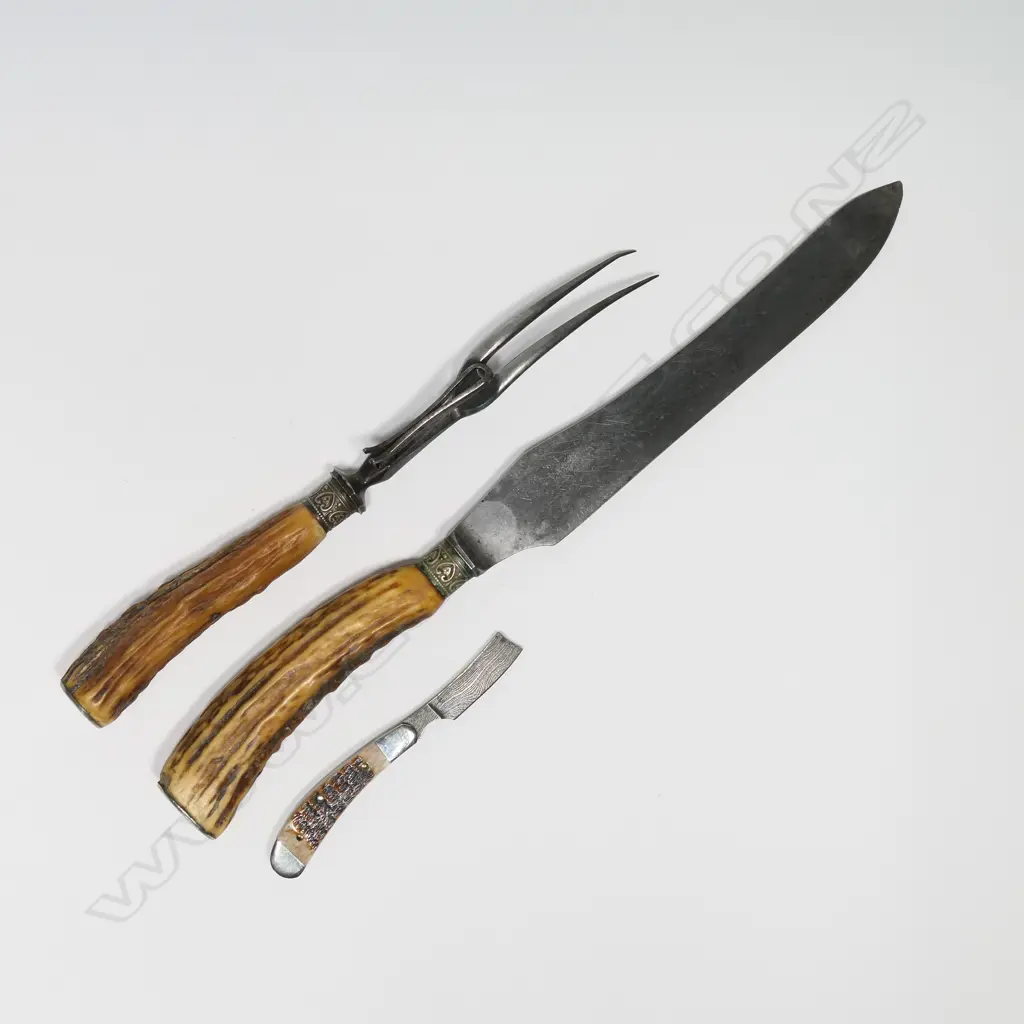 VINTAGE HARRISON BROS DEER ANTLER CARVING SET & DAMASCUS STEEL BLADED SHAVER Image 1++