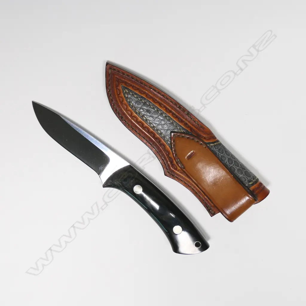 CUSTOM 'TERRY' SKINNER KNIFE. L.210mm WITH ANIMAL SKIN & LEATHER SHEATH Image 1++