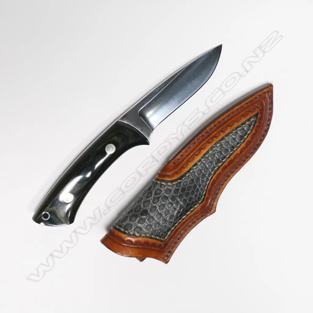CUSTOM 'TERRY' SKINNER KNIFE. L.210mm WITH ANIMAL SKIN & LEATHER SHEATH Image 1++