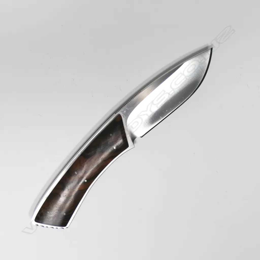 CUSTOM SKINNER KNIFE. WOOD HANDLE. SERRATED SPINE. INITIALLED 'R' (RIPPY?) L.190mm Image 1++