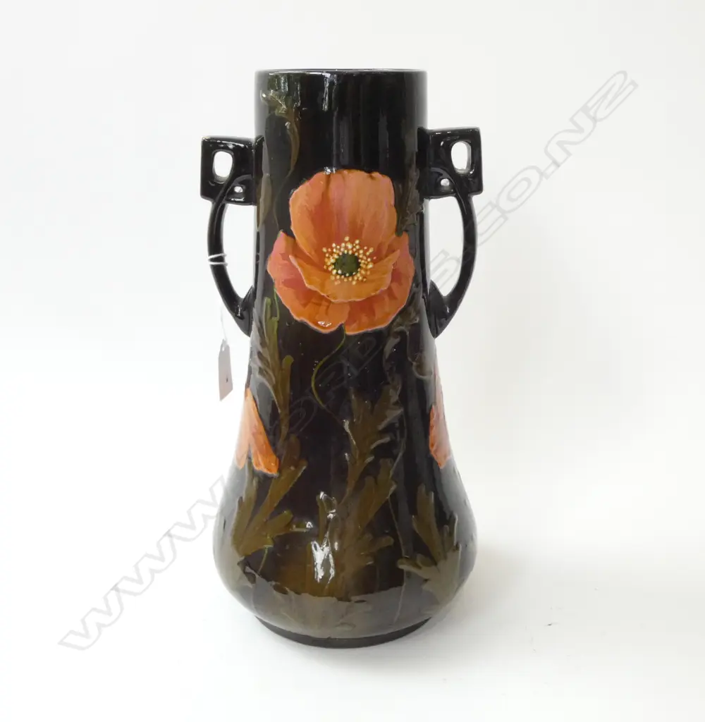 LARGE TWO HANDLED VASE IN THE MANNER OF DEANS ' 3025 VERSO SLIP DECORATED WITH POPPIES, H.320mm Image 1++