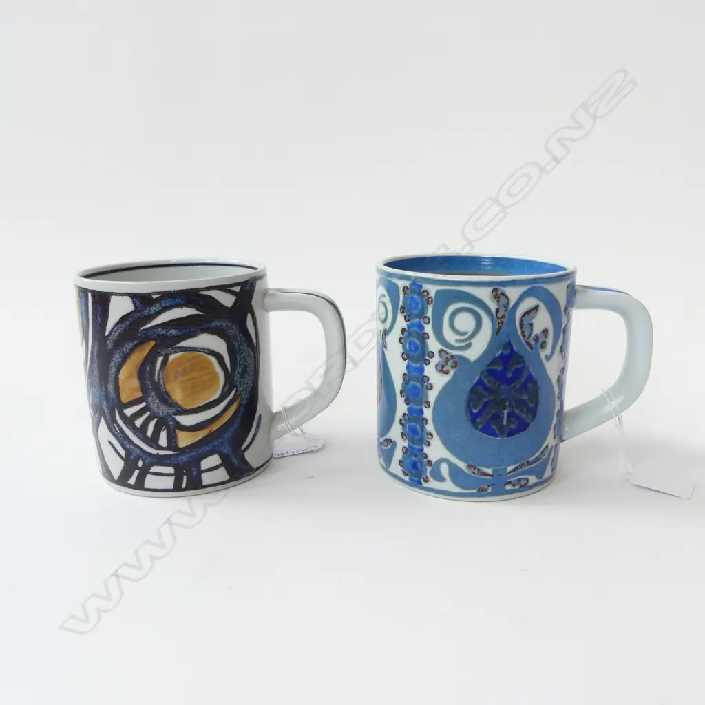 2 COPENHAGEN RETRO STUDIO POTTERY MUGS S/SILVER DISCS TO BASE 1 SIGNED GEORG JENSON H115MM Image 1++