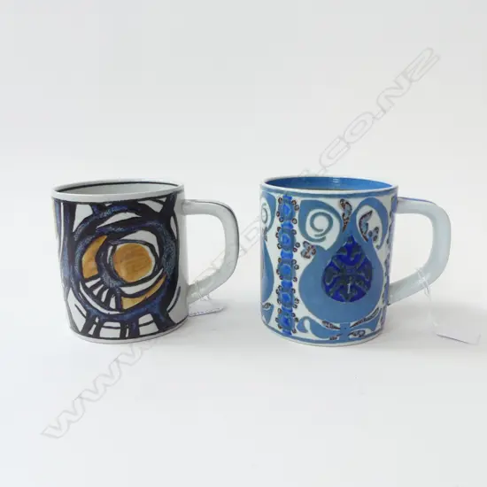 2 COPENHAGEN RETRO STUDIO POTTERY MUGS S/SILVER DISCS TO BASE 1 SIGNED GEORG JENSON H115MM