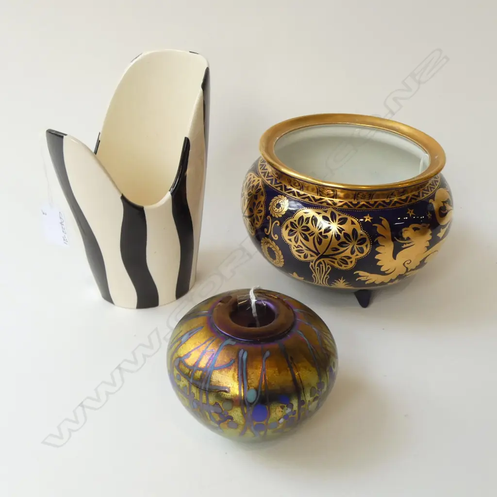 3 PCS; ART GLASS VASE signed/dated on base H.80mm, VINTAGE STRIPED DUTCH GOUDA VASE H.180mm & BYZANTA WARE BOWL Dia.160m Image 1++