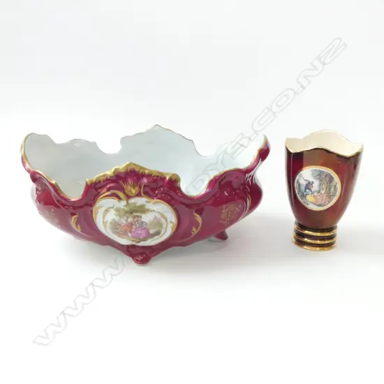 LARGE LIMOGE RED COLORWAY  ELONGATED VASE WITH FRENCH VIGNETTES AFTER FRAGONARD, L.310mm WITH CARLTONWARE ROUGE ROYALE V