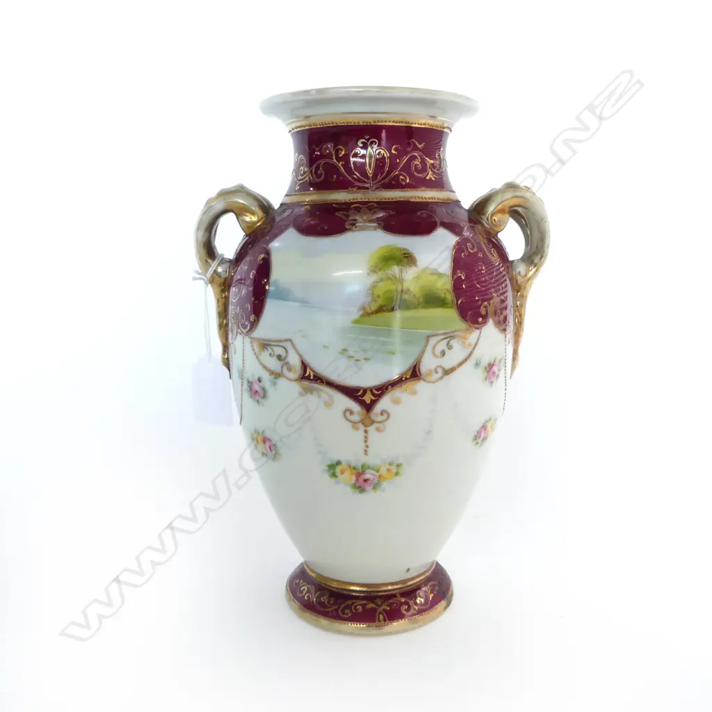 ANTIQUE NORITAKE HAND PAINTED 2 HANDLED VASE H250MM Image 1++
