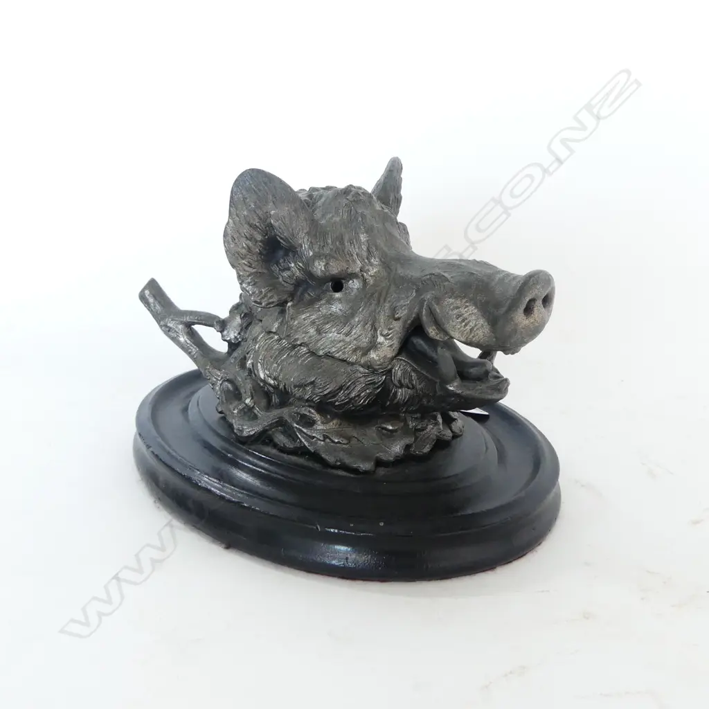 SPELTER BOAR HEAD INKWELL on WOOD BASE, H150x220mm Image 1++