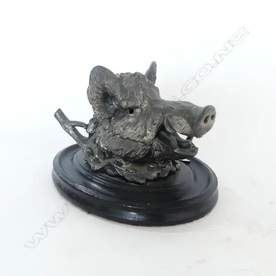 SPELTER BOAR HEAD INKWELL on WOOD BASE, H150x220mm