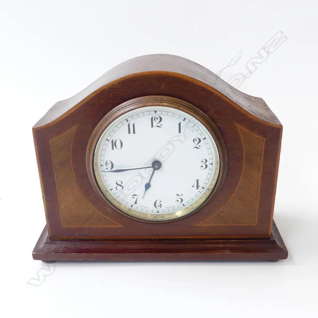 EDWARDIAN SHERATON REVIVAL WOODEN MAHOGANY INLAID MANTEL CLOCK OF SEPENTINE FORM, L.190mm Image 1++