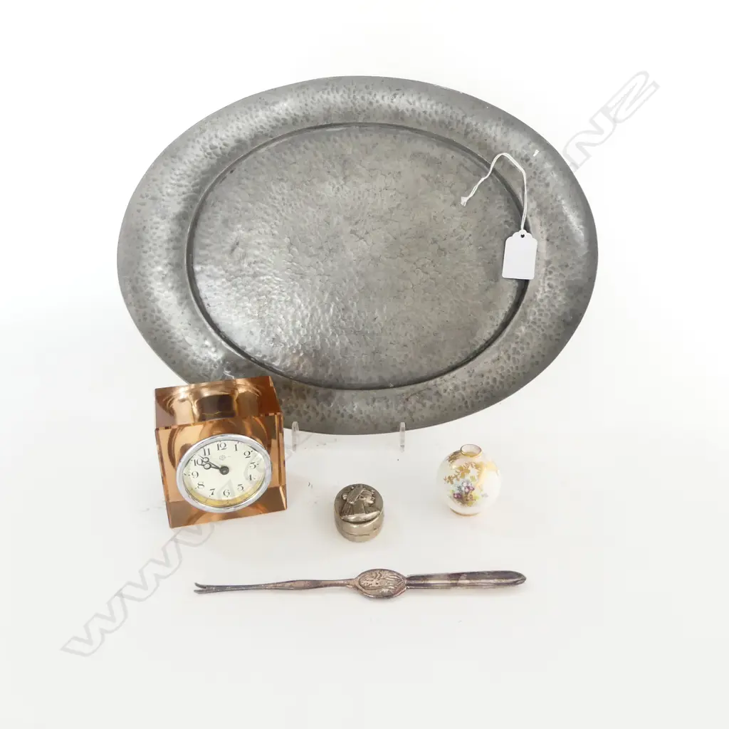 PEWTER TRAY + PEACH GLASS CUBE CLOCK + LOBSTER FORK + DOULTON MINI VASE + EGYPTIAN BOX Image 1++