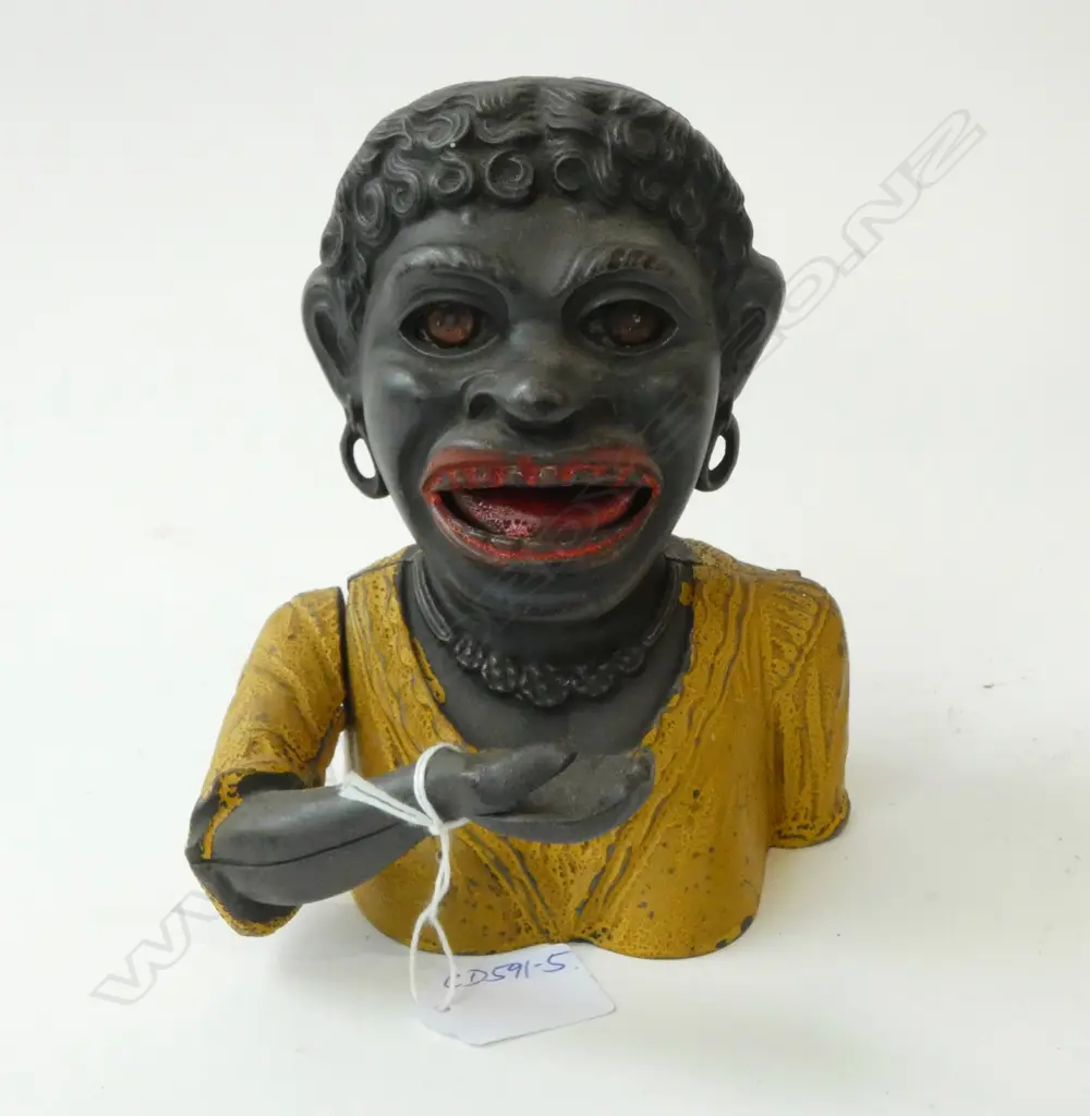 1st PATENT YELLOW DINAH MONEY BANK / BOX  short sleave early version noted by original rivet to wrist c.1911 top example Image 1++