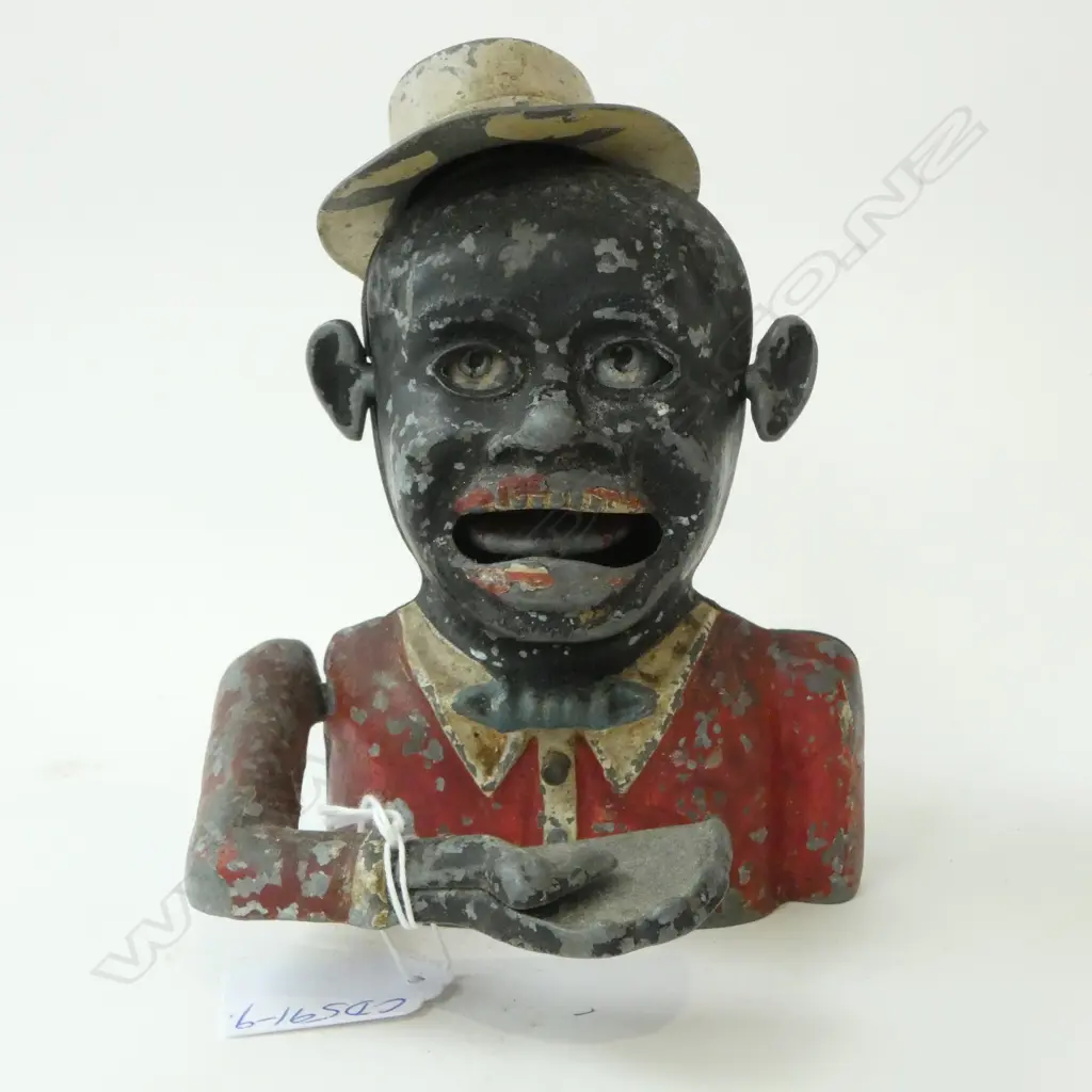 EARLY 20thC MONEY BANK Aluminium Patent 601362 red jacket cream boater hat Image 1++