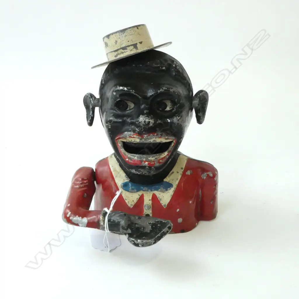 EARLY 20thC MONEY BANK Starkie's Patent. Red jacket & cream boater hat Image 1++