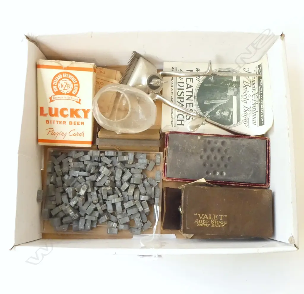 TRAY OF SHAVING ITEMS, LEAD PRINT TYPE, NZB PLAYING CARDS Image 1++