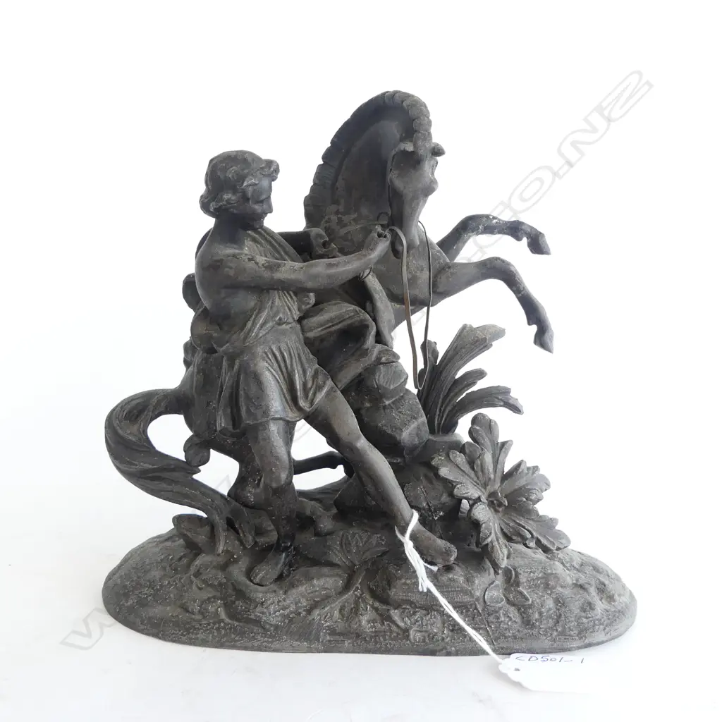 VICTORIAN SPELTER FIG. GROUP, MAN w REARING HORSE, H.200mm (AK43) Image 1++