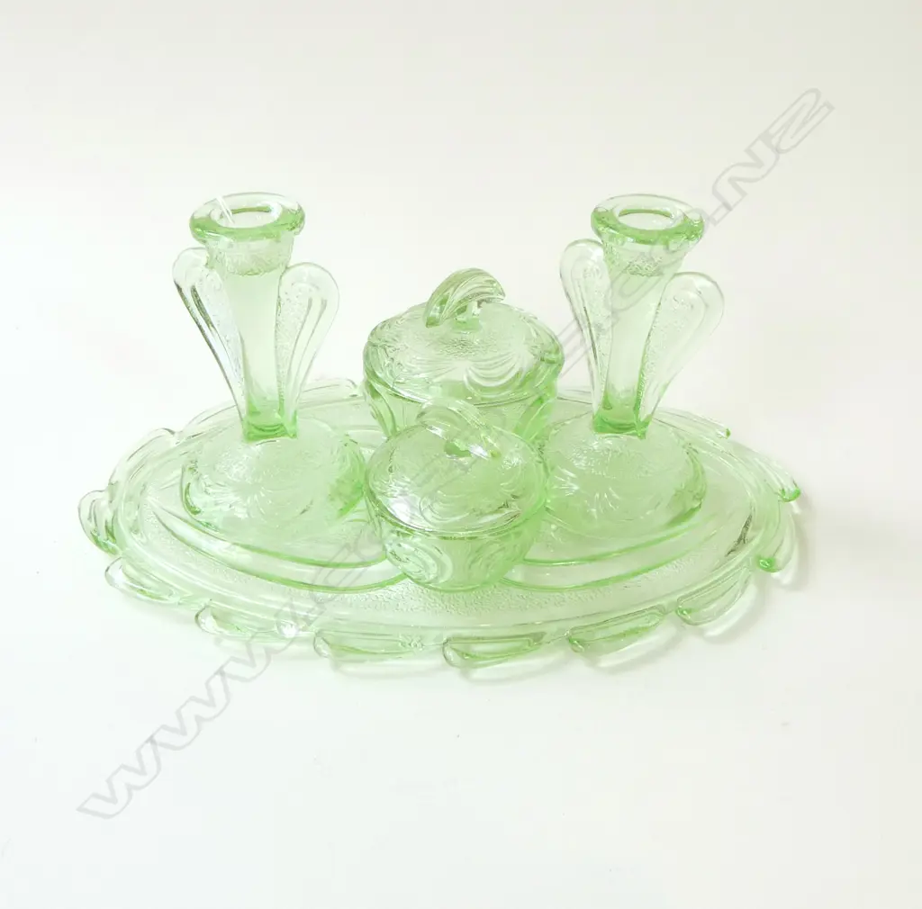 1930’S ART DECO 5PC GREEN GLASS DRESSING TABLE SET BY BAGLEY RUTLAND, EXCELLENT CONDITION, L.325MM Image 1++