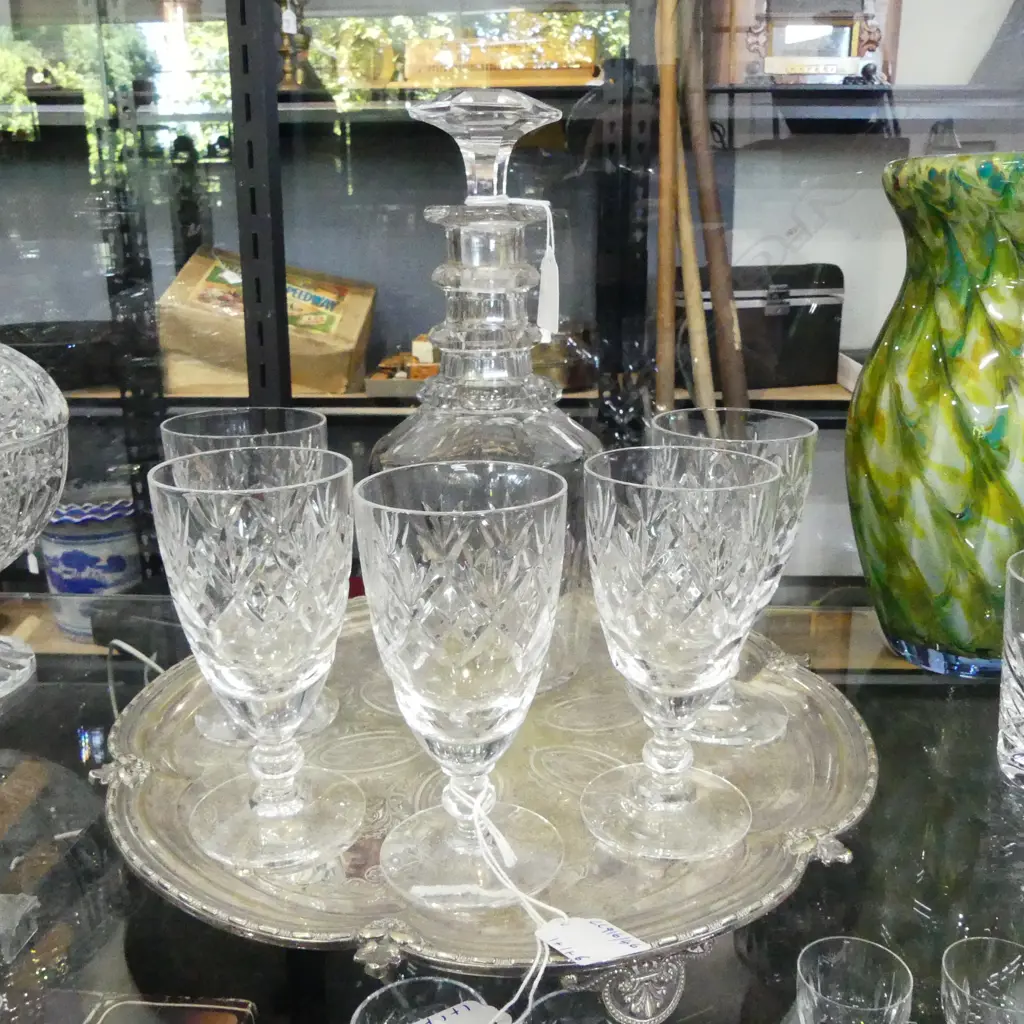 ANTIQUE EP SERVERS TRAY DIA320MM  DECANTER H260MM & 5 CRYSTAL GLASSES H140MM Image 1++