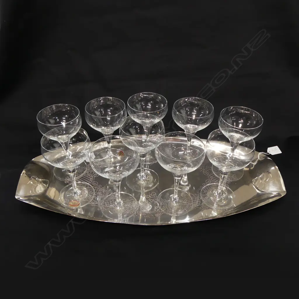RETRO EP DRINKS TRAY L580MM & SET OF 10 BOHEMIAN GLASS CHAMPAGNE FLUTES H160MM Image 1++