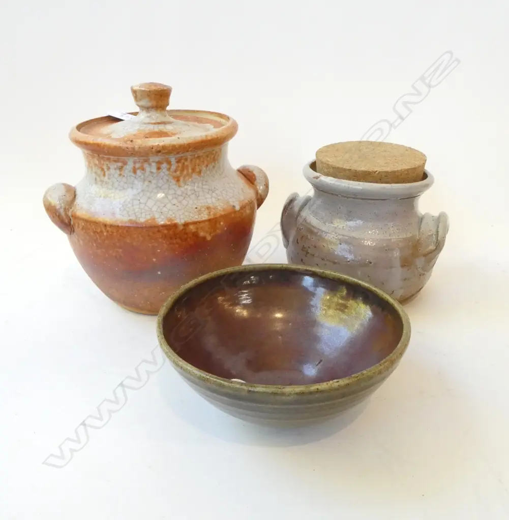 TWO ANDREW VAN DER PUTTEN STONEWARE JARS (1 w. hairline crack) & FRANK FINAN STONEWARE BOWL (hairline crack).. Image 1++
