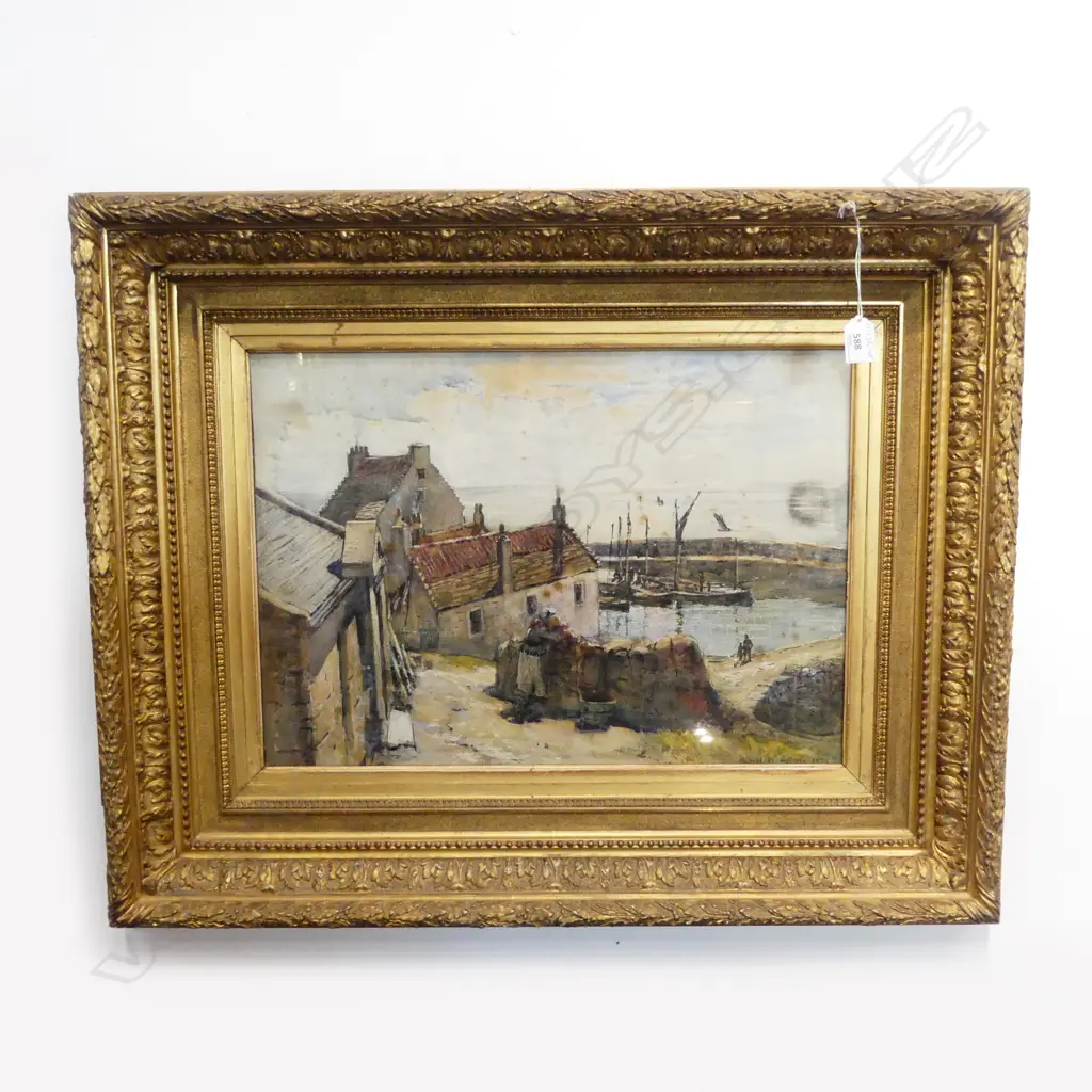 ROBERT Weir. ALLAN 1879 signed & dated WC Fishing village 520x370mm some foxing. In ornate heavy gilt frame Image 1++