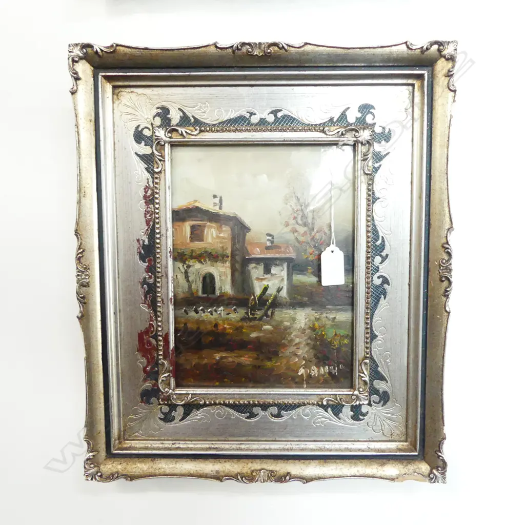 VINTAGE SILVERED FRAMED OIL ITALIAN COUNTRY SCENE SIGNED GAHNIO ON COPPER H400 W330MM Image 1++