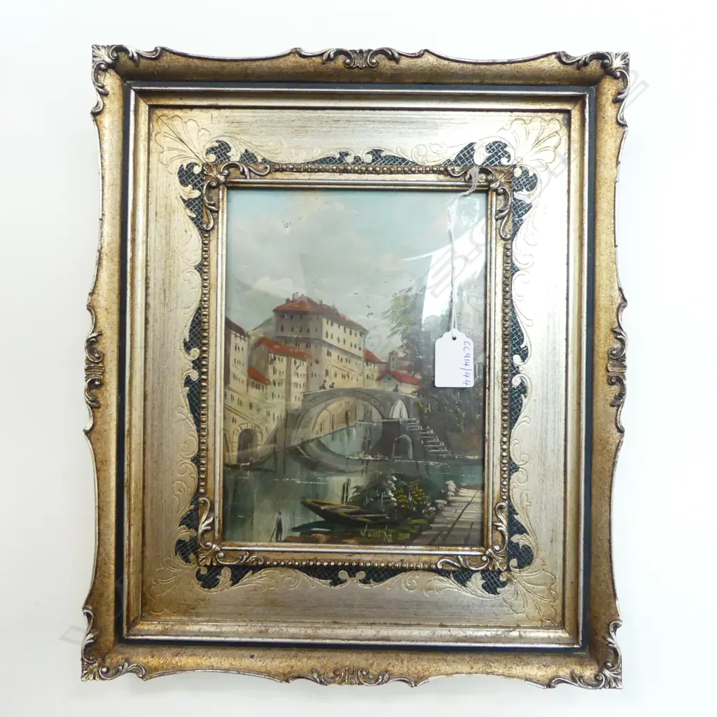 VINTAGE SILVERED FRAMED OIL VENICE SIGNED SANTA ON COPPER H400 W330MM Image 1++