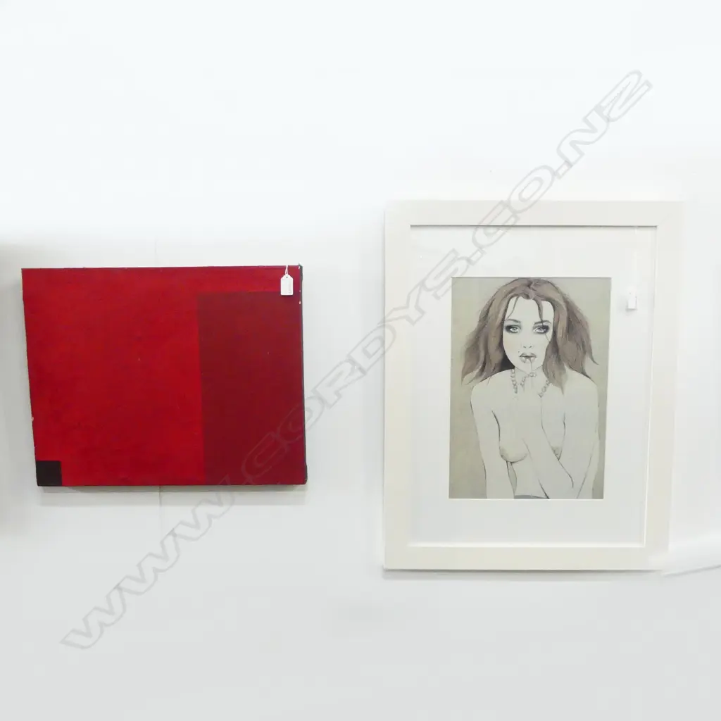 2 ARTWORKS; ABSTRACT RED SIGNED 'FOGGO 02' VERSO 405x505mm, PORTRAIT PRINT 415x290mm Image 1++