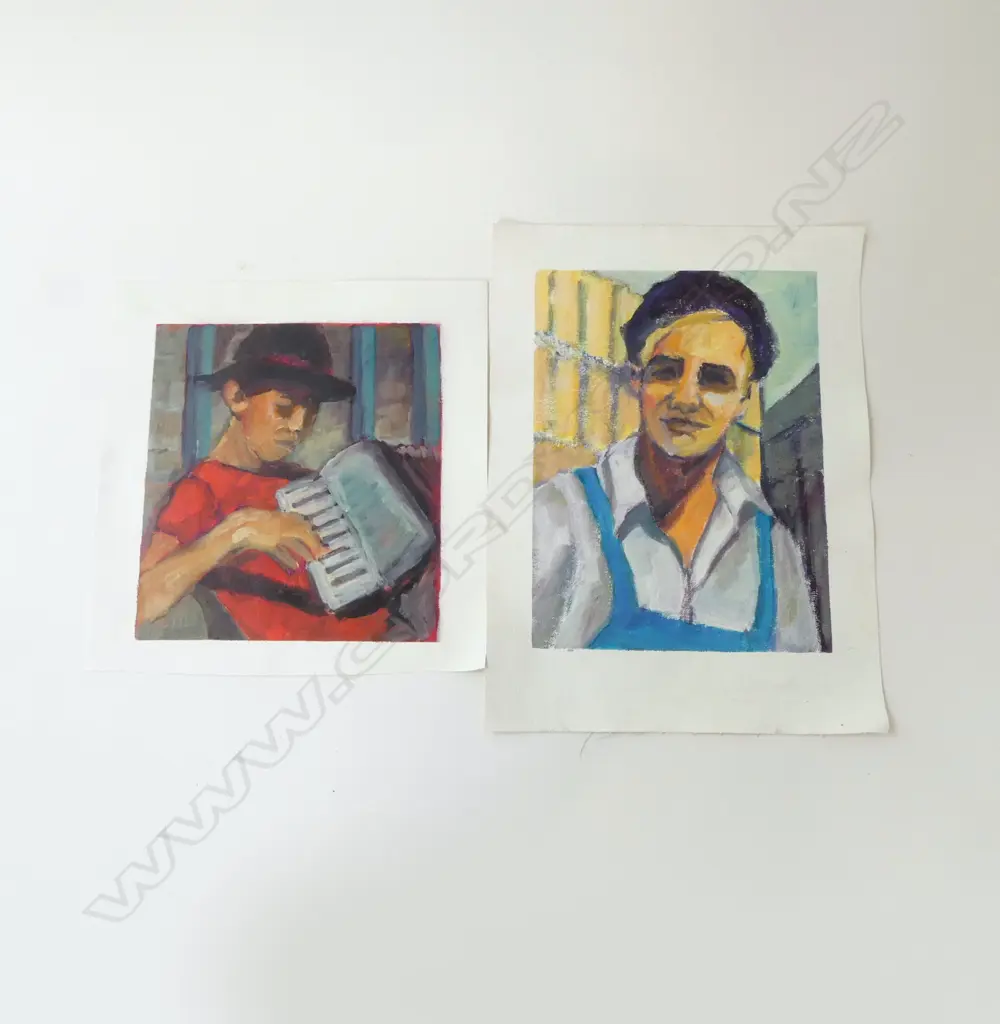TWO GLENYS CULLIMORE ACRYLIC ON CANVAS ‘2015 PIANO ACCORDIONIST’ AND MAN IN BLUE, W.300MM, L.315MM-400MM Image 1++