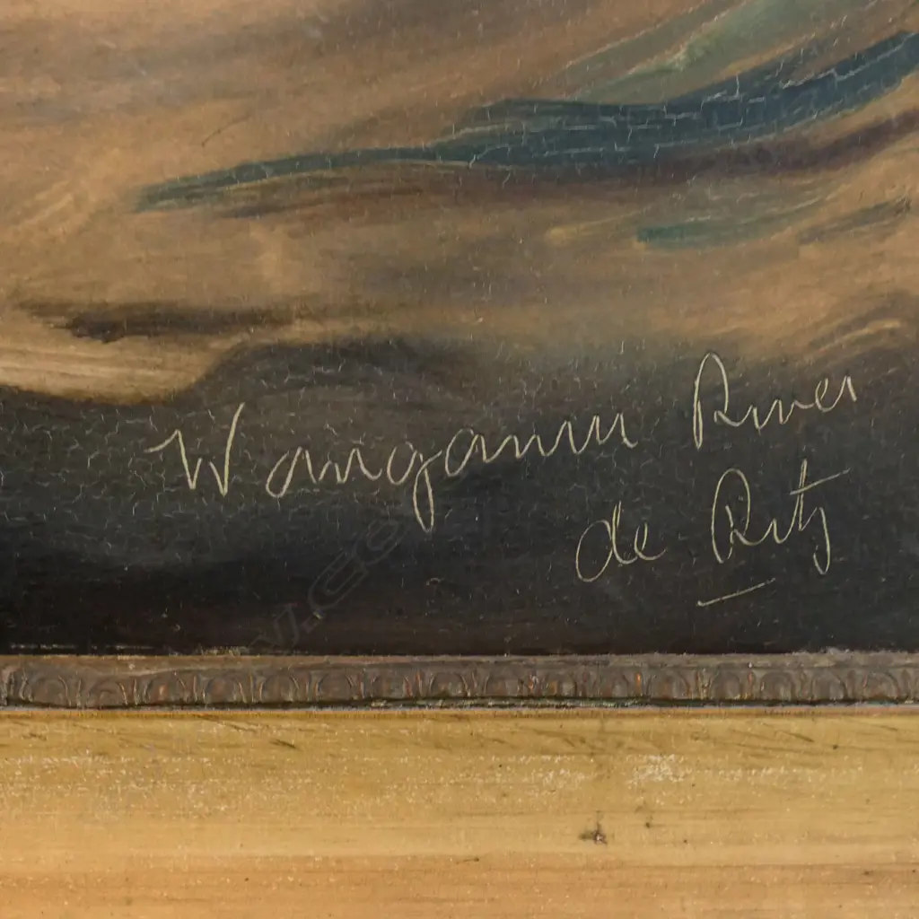 PR TYPICAL DE RITZ OILS, WANGANUI RIVER WITH WHARE AND WAKA, SIGNED & ENTITLED, 730 x 330mm Image 1++