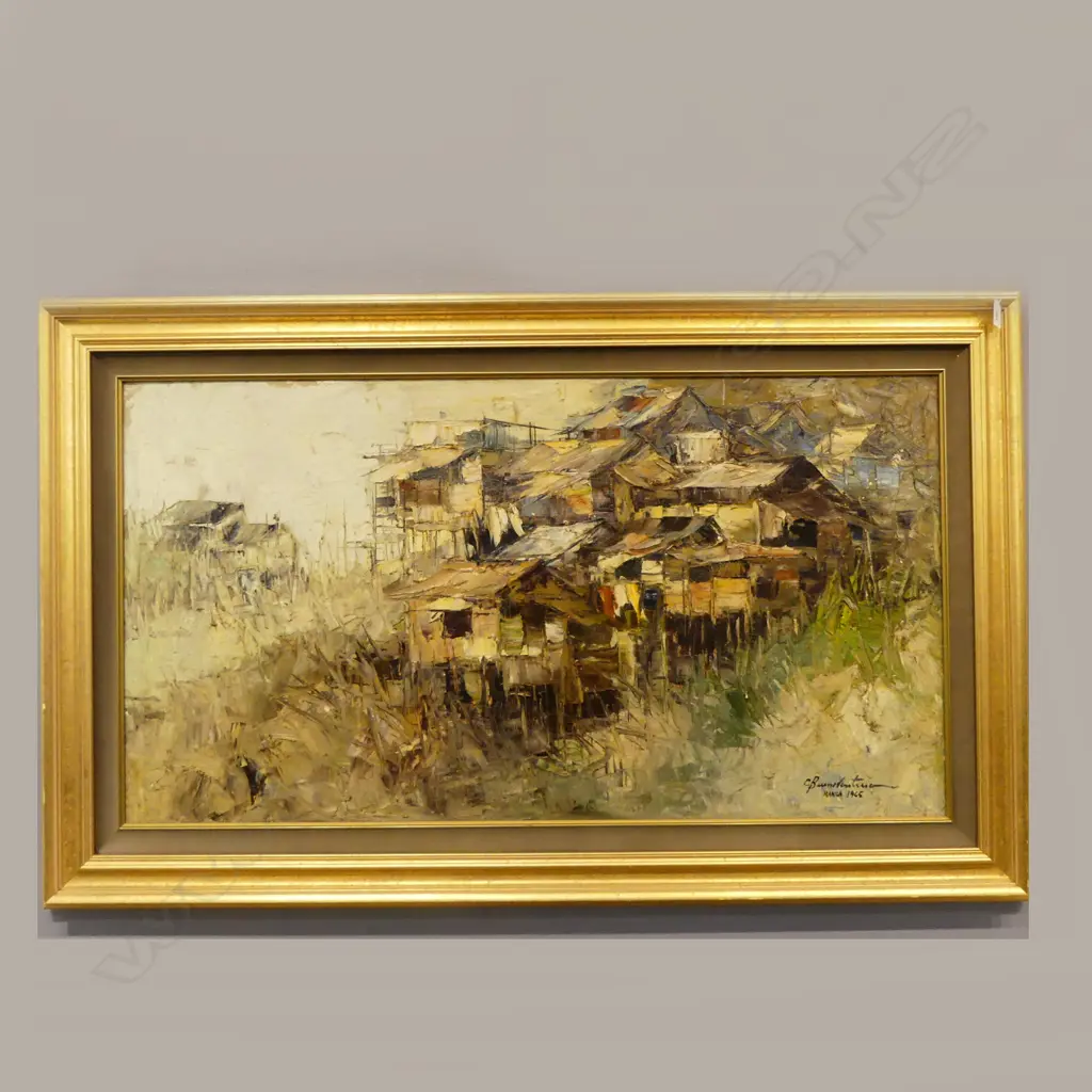 SIGNED THAI VILLAGE ARTWORK, OIL ON CANVAS MANILA 1965 595x1105mm Image 1++