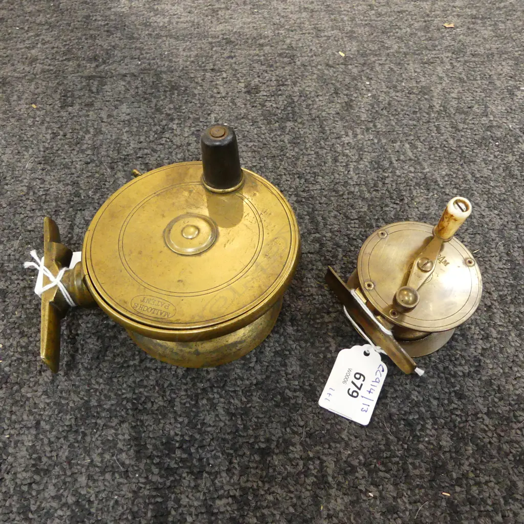 ANTIQUE BRASS MALLOCKS PAT FISHING REEL DIA 100 & ANOTHER DIA60MM Image 1++