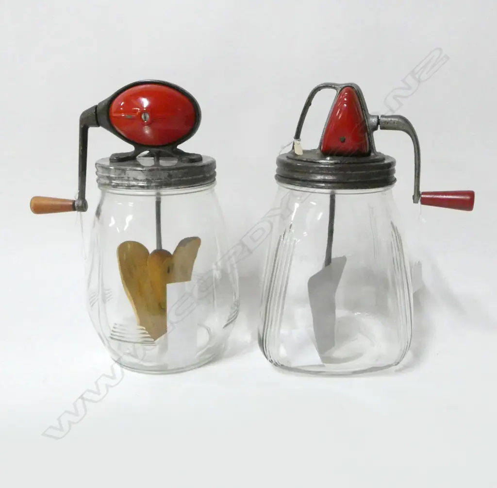 (2498/2954) 2 VINTAGE METAL & GLASS BUTTER CHURNS  Image 1++