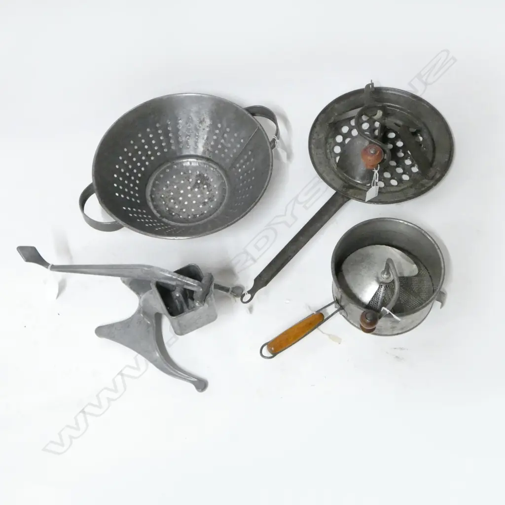 (1150/1858/1379/1238) VINTAGE ICE CRUSHER, LG FOOD GRATER, FOLEY FOOD MILL, COLANDER (4) Image 1++