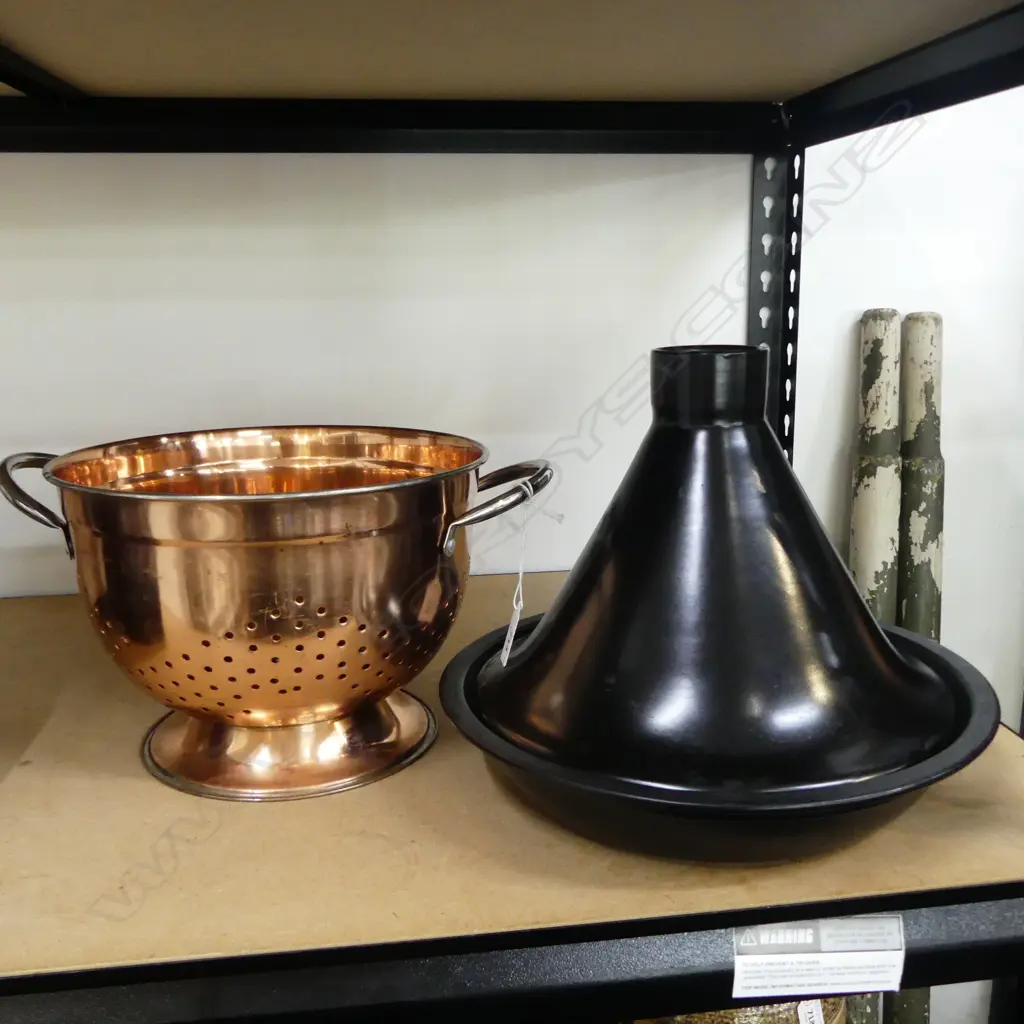 BLACK CERAMIC TAGINE 300mm dia + COPPER LOOK COLANDER 250mm dia Image 1++