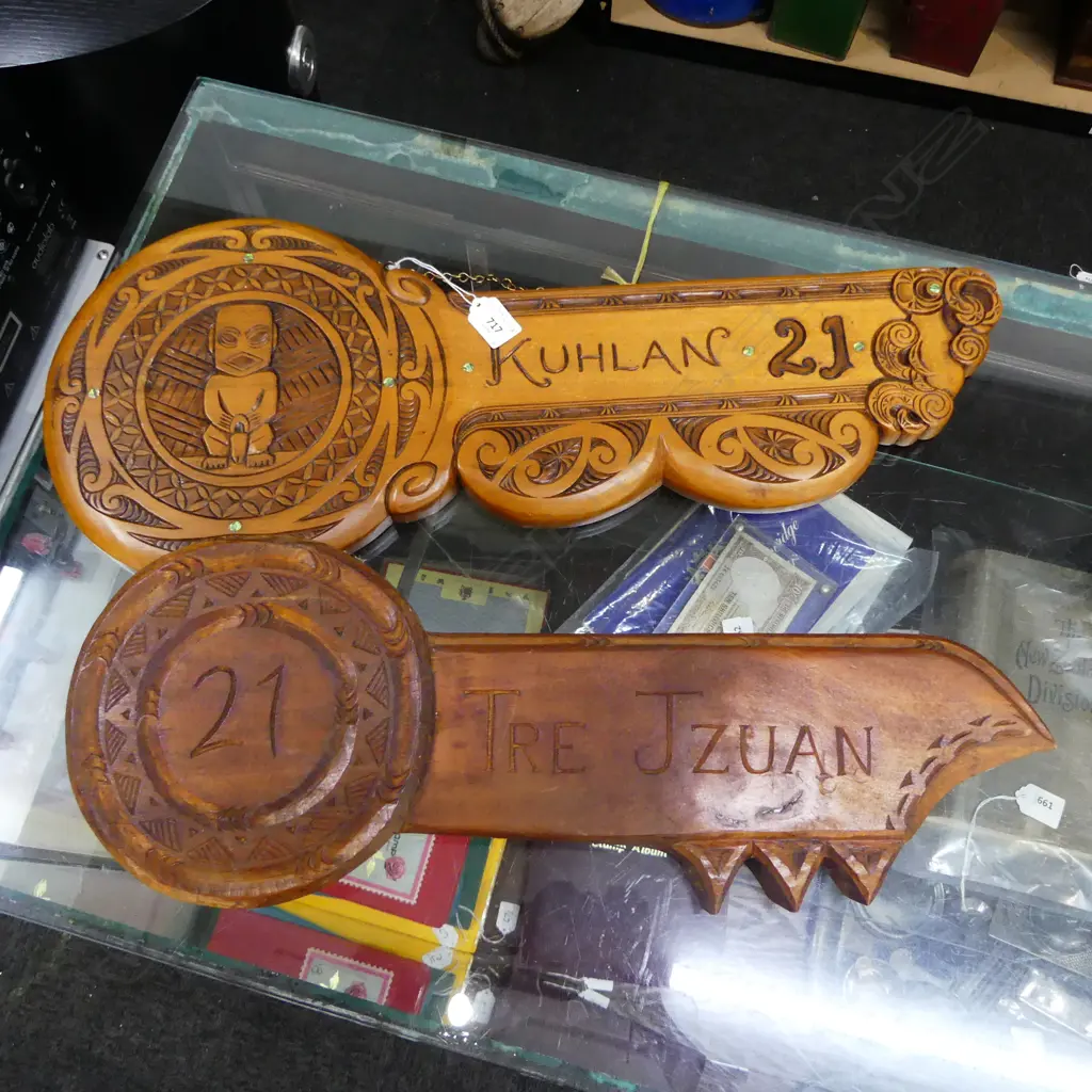 2 CARVED MAORI 21st KEYS L635mm Image 1++