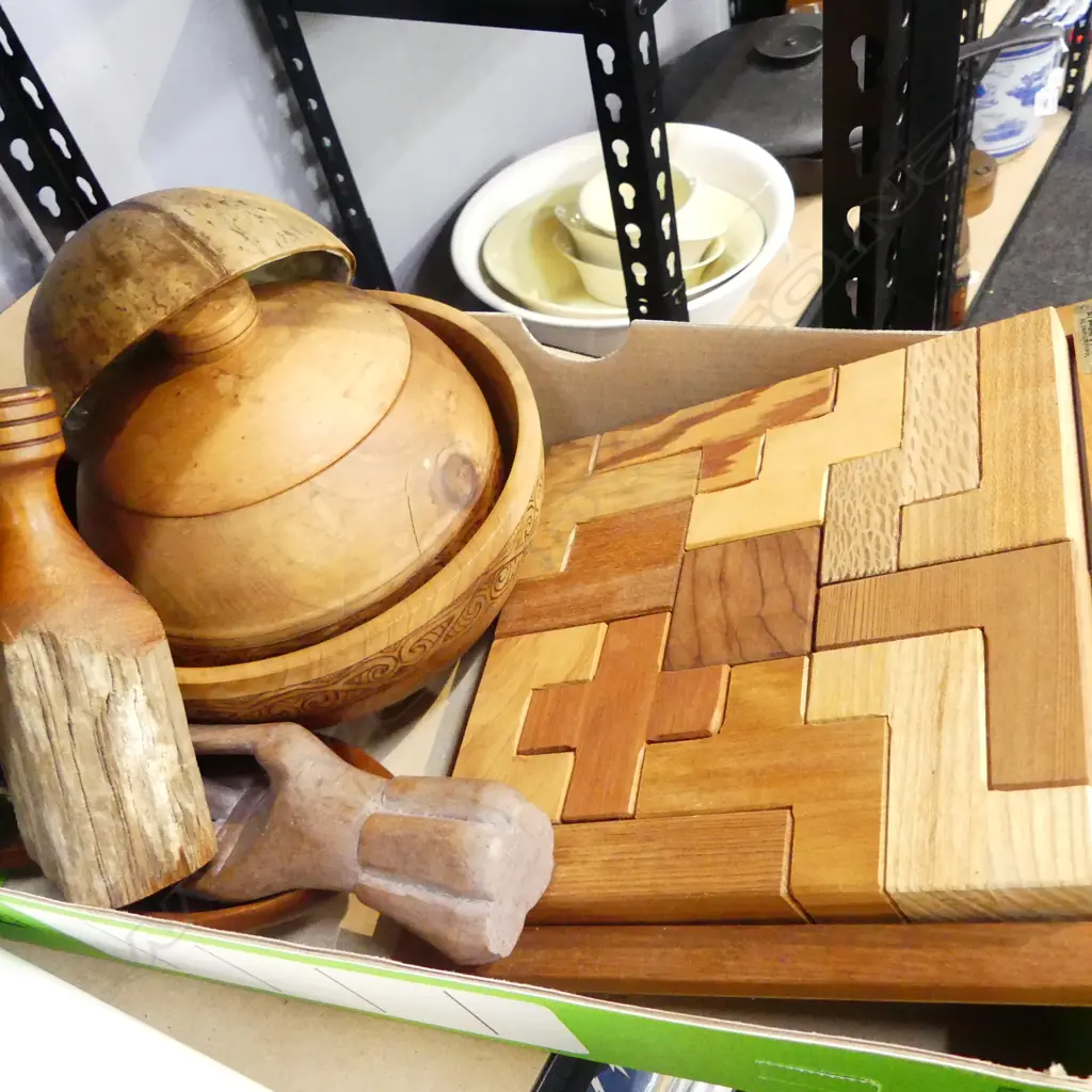 ASST. WOOD WORK; HOLLAND & HOLLAND PUZZLE, TURNED BOWL, etc Image 1++