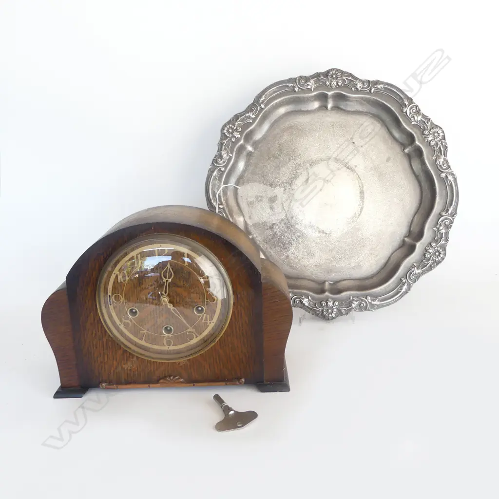 SILVER PLATE TRAY AND 1950's MANTEL CLOCK  Image 1++