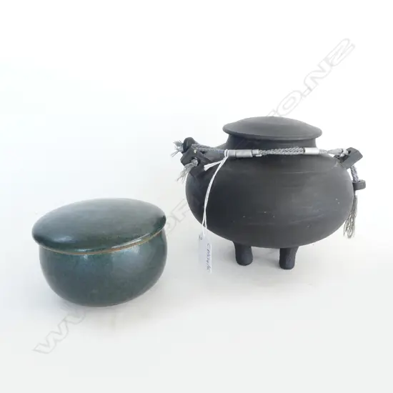 2 STUDIO POTTERY LIDDED CONTAINERS; CHRISTINE BELL PEARSON CHARCOAL H.145mm & TILLEY THOMAS