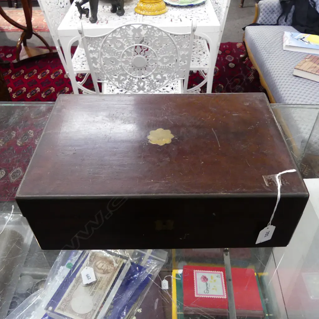 BRASS INLAID WRITING BOX (NEEDS RESTORATION) 350x230x120mm Image 1++