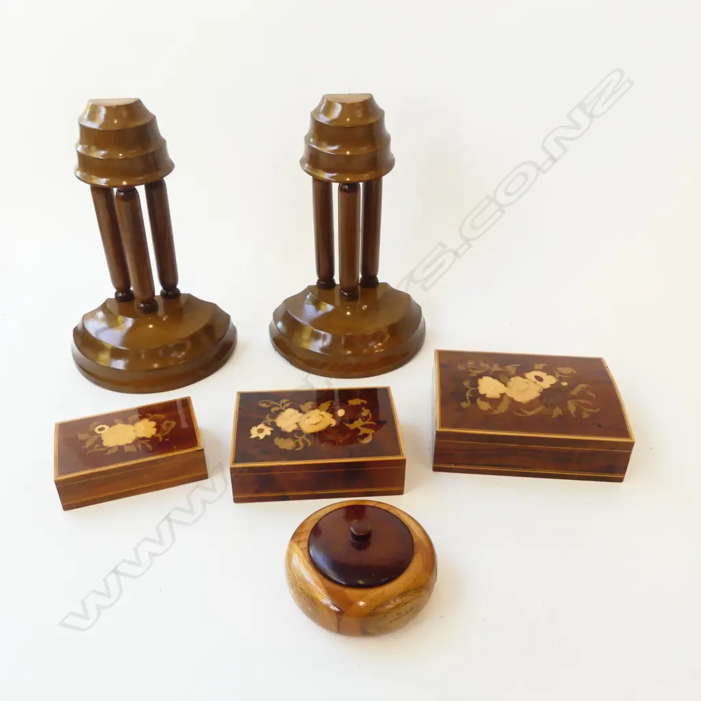 ASST. WOODWARE; 3 INLAID BOXES, 2 SCONCES & TURNED WOOD JAR Image 1++