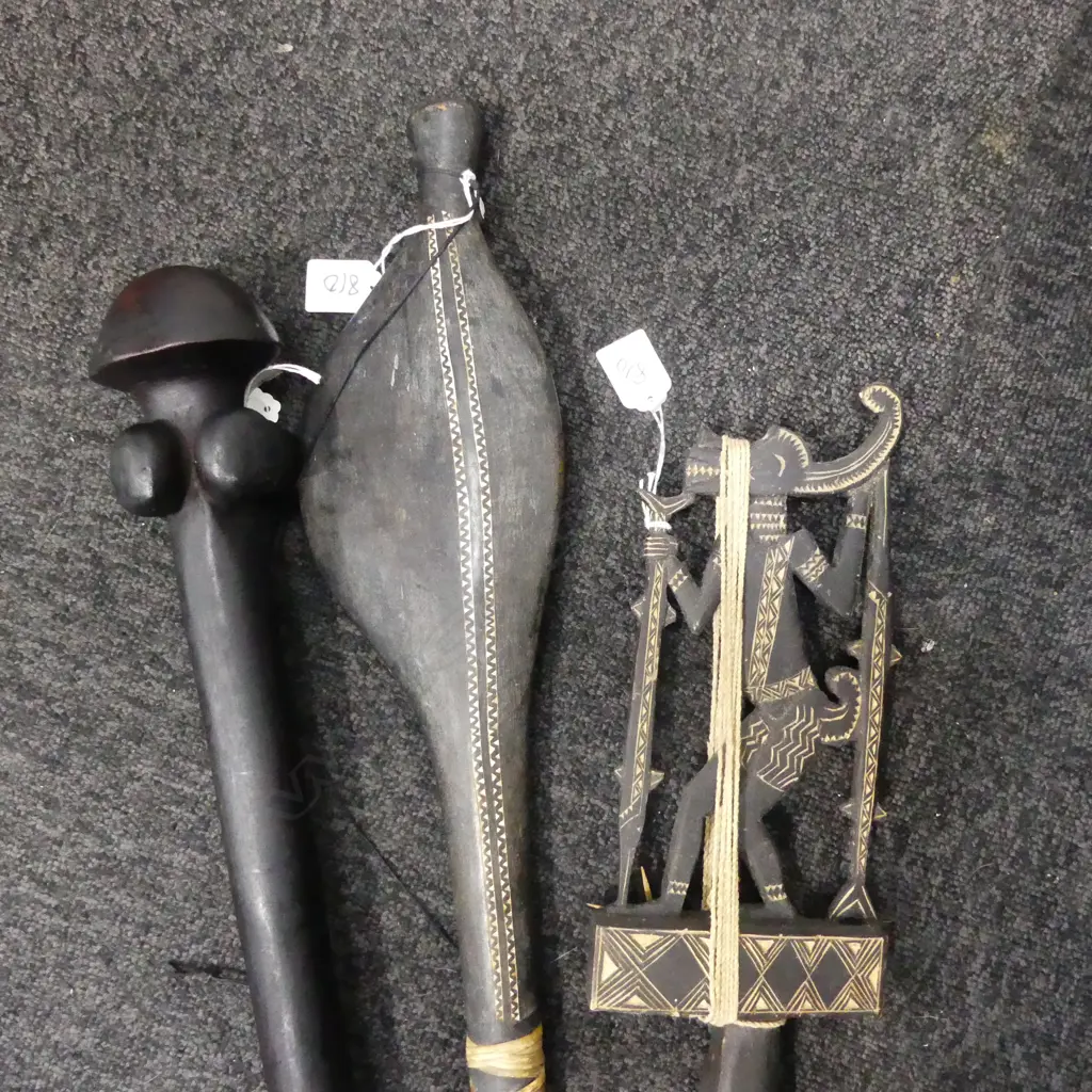 3 CARVED PACIFIC WORKS; IRIAN JAYA PCE., THROWING CLUB, OTHER Image 1++
