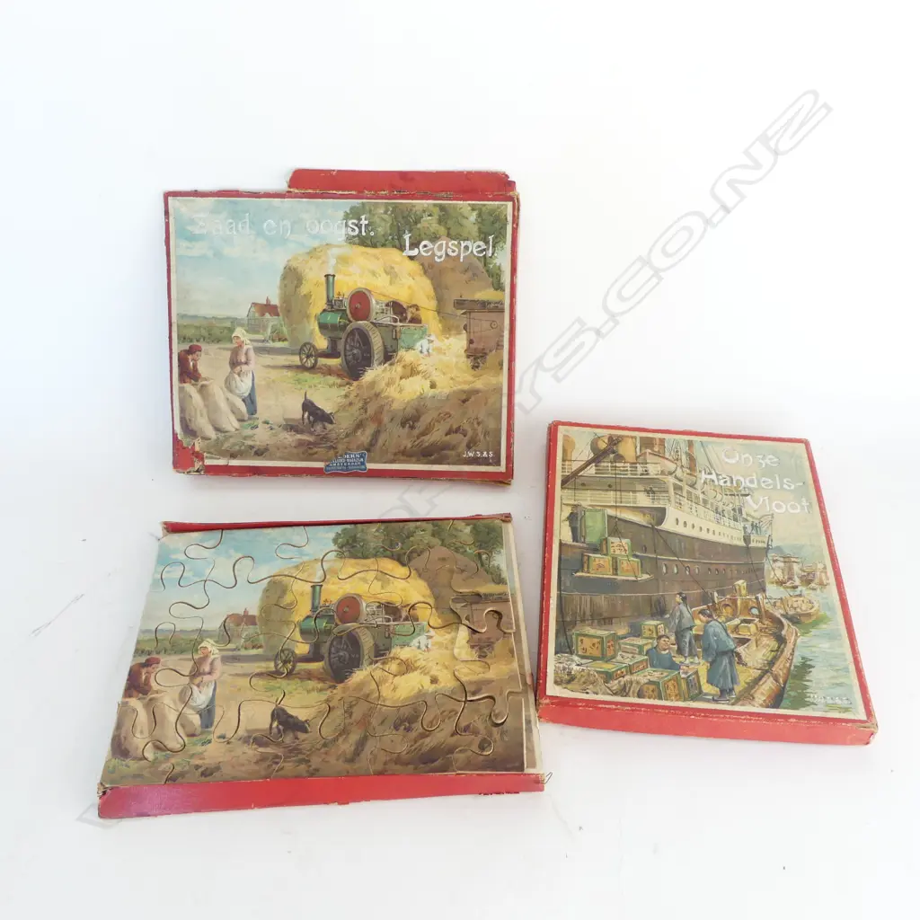 TWO ANTIQUE BOXED SETS OF 4 DUTCH JIGSAW PUZZLES COMPLETE JWS&S BAVARIA, L.270MM Image 1++