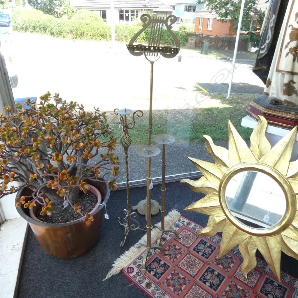 2 BRASS CANDLE HOLDERS (LARGEST H.860mm) & BRASS MUSIC STAND H.1310mm with one other Image 1++