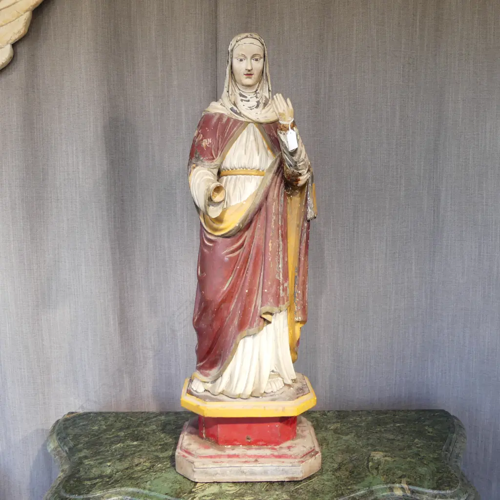 **RTV** DISTRESSED VINTAGE PAINTED WOODEN RELIGIOUS STATUE DEPICTING ANNE H.910mm (HAND MISSING) Image 1++
